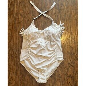 Meet Curve Womens Halter One Piece Swimsuit Fringe Tie Neck Rouching Size 2XL